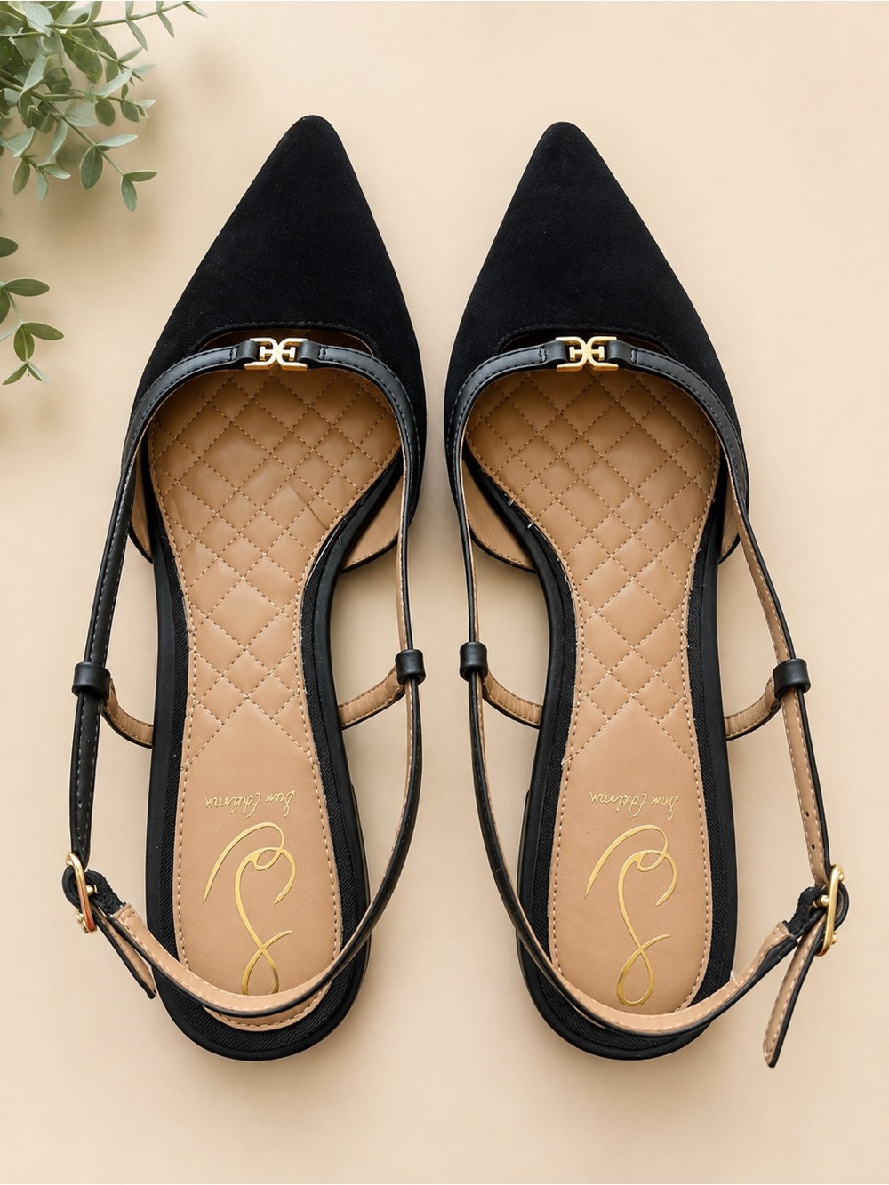 Sam Edelman Black Pointed Toe Slingback Flats with Gold Accent